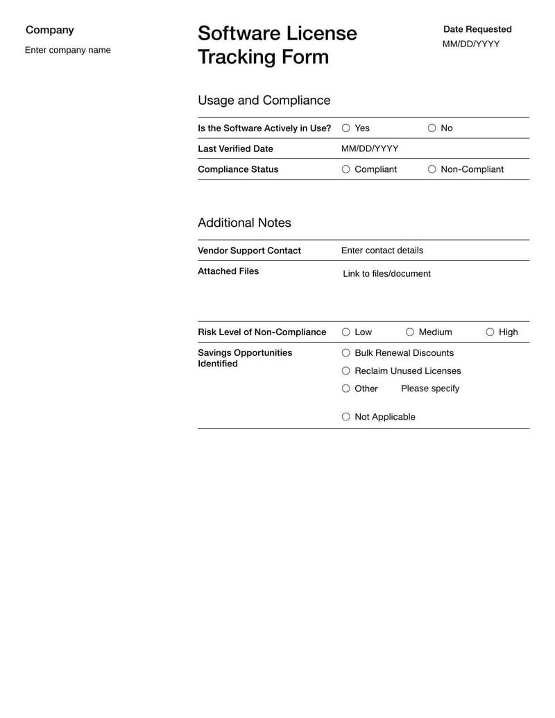 Software License Tracking Form for monitoring software usage