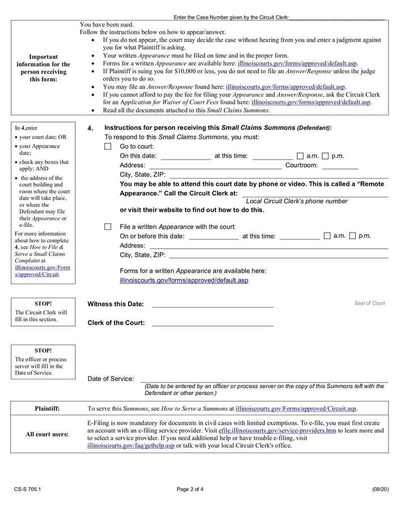 Large thumbnail of Small Claims Summons (Form CS-S 705.1) - Aug 2020