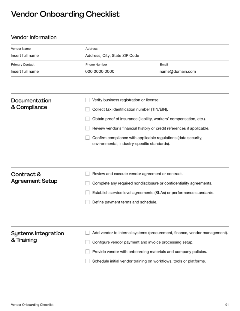 Vendor Onboarding Checklist with fields for vendor details, documentation verification, contract setup, system integration and performance monitoring