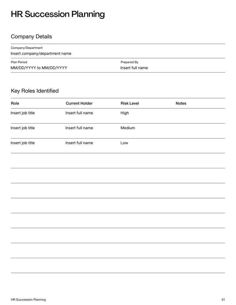 HR Succession Planning covering key roles, successors, development plans and review dates