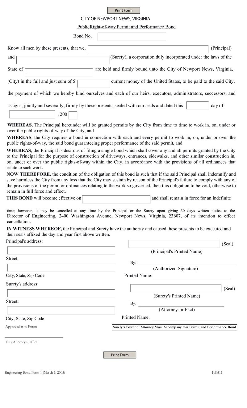 Large thumbnail of Public Right-of-Way Permit and Performance Bond - May 2007