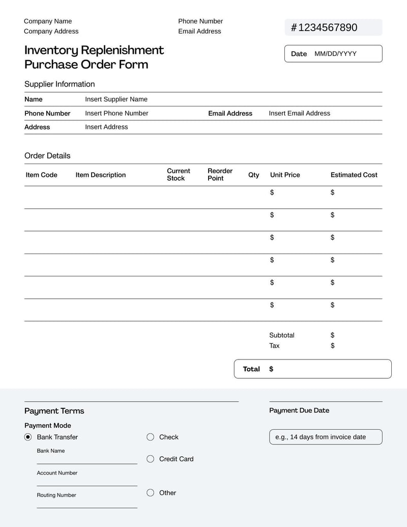 Inventory Replenishment Purchase Order Form for requesting restock of inventory items