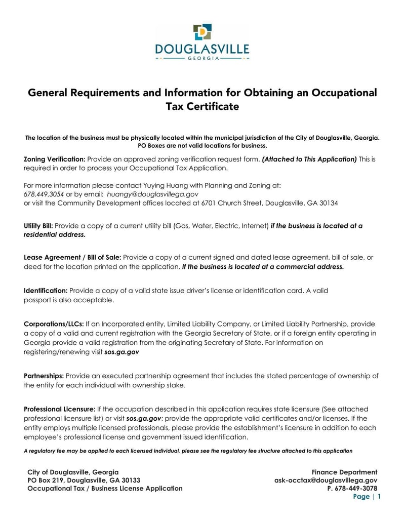 Douglasville Occupational Tax Registration Application | Fill and 