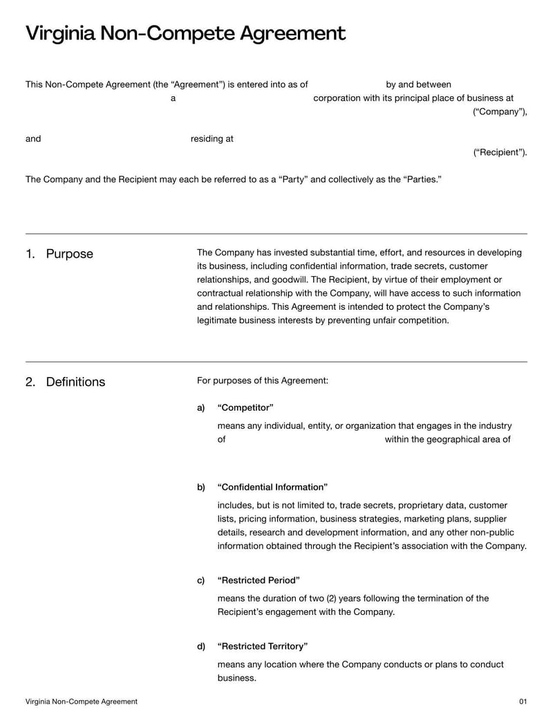 Non-Compete Agreement Virginia for specifying employment restrictions on competitive work within the state’s legal limits