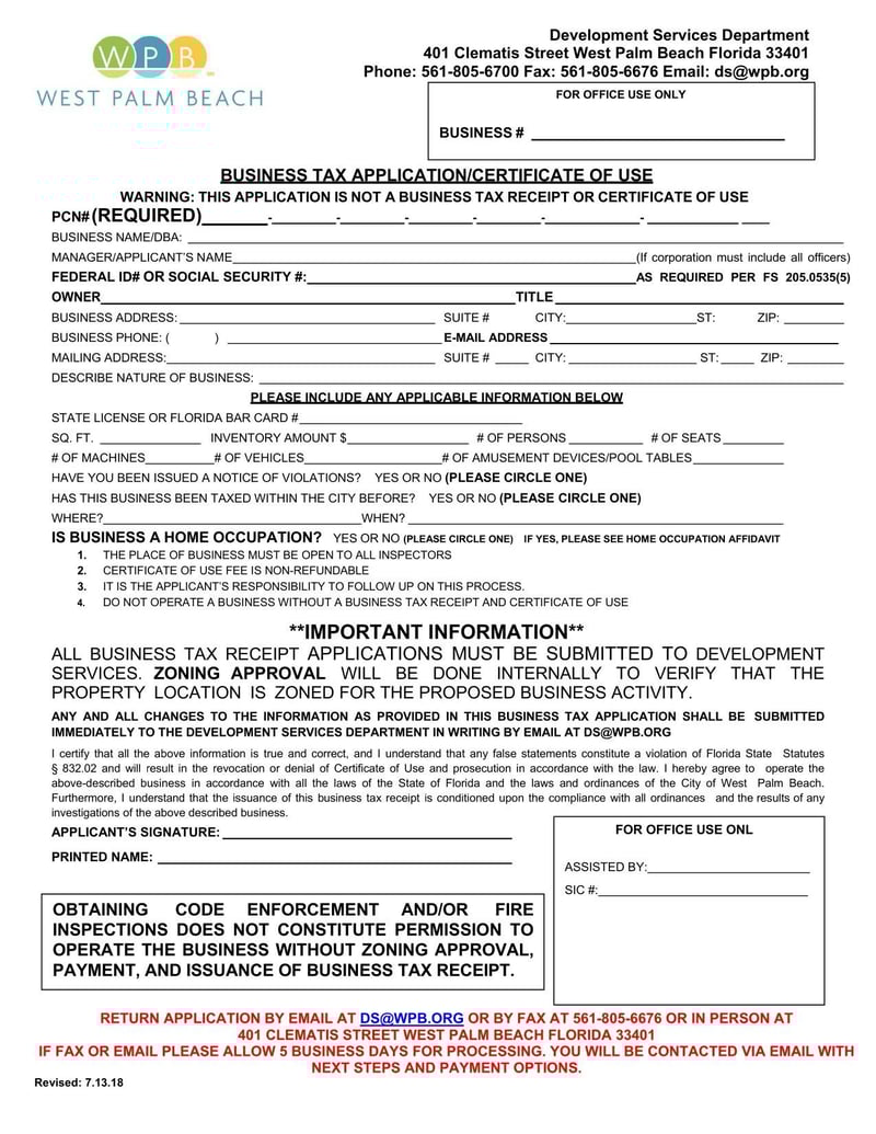 Large thumbnail of West Palm Beach Business Tax Application and Certificate of Use (2018) - Jul 2018