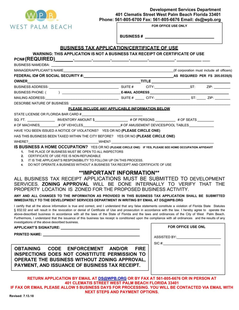 Large thumbnail of West Palm Beach Business Tax Application and Certificate of Use (2018) - Jul 2018