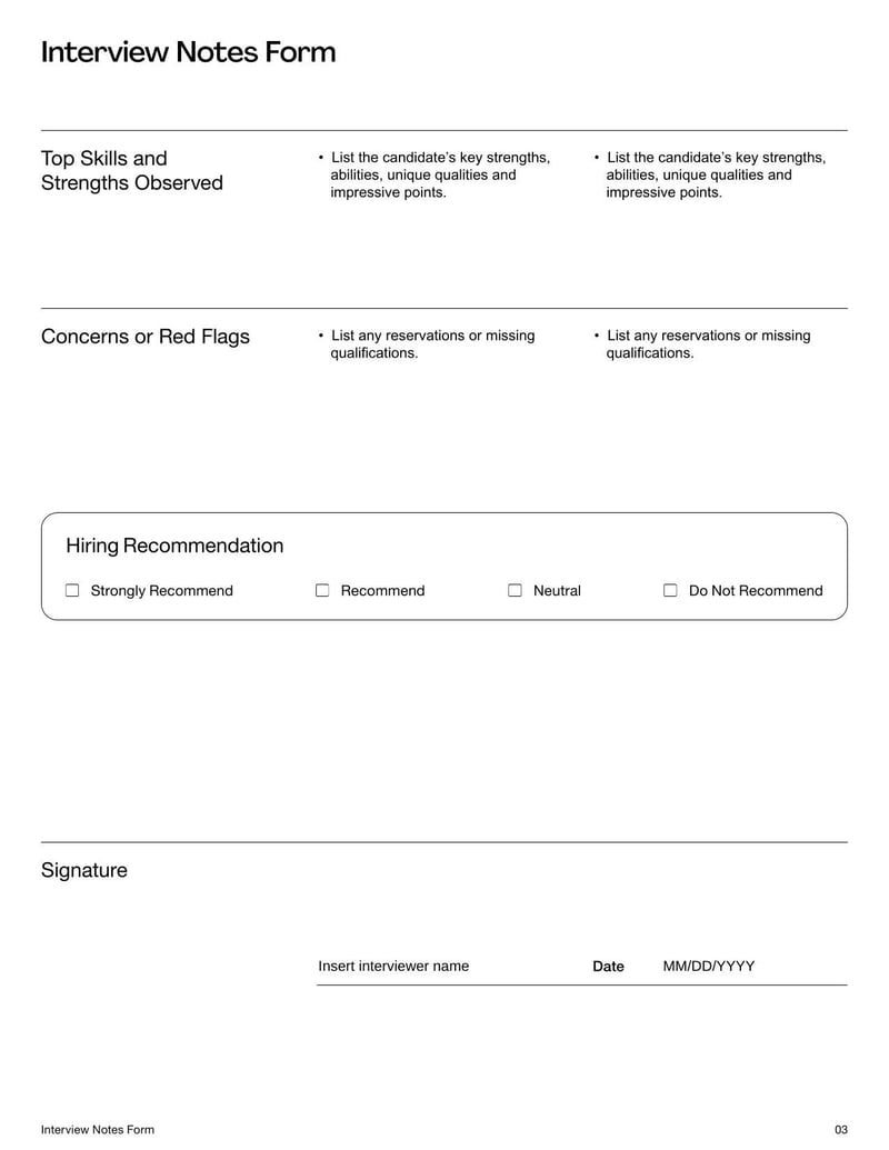 Interview Notes Form for recording candidate responses during interviews