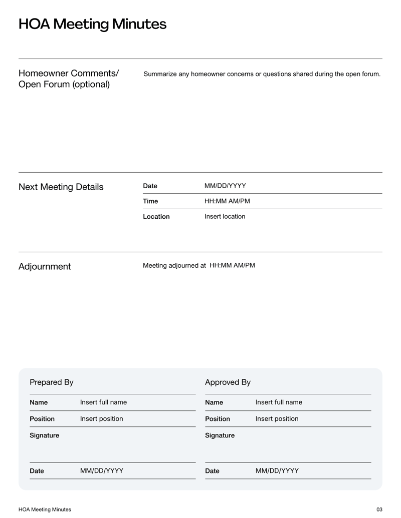 HOA Meeting Minutes Template with sections for meeting date, attendees, motions and action items