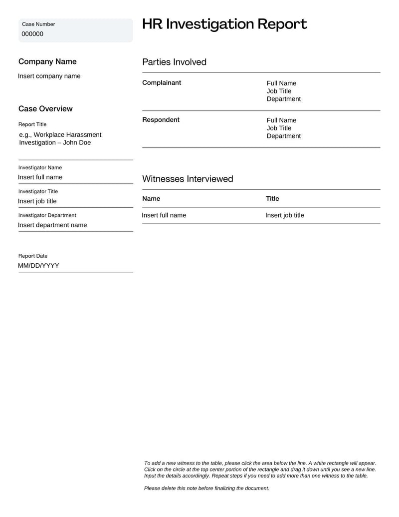 HR Investigation Report Template for documenting findings and outcomes of workplace investigations
