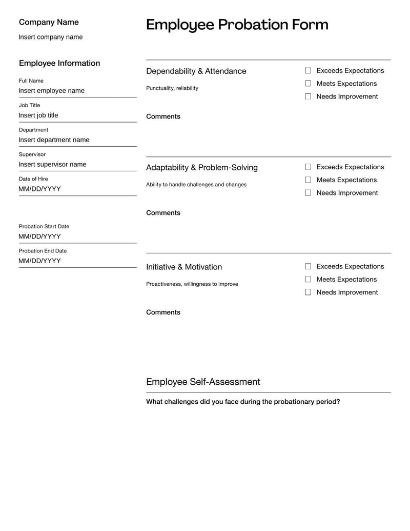 Employee Probation Form evaluating new hires' performance during initial employment period