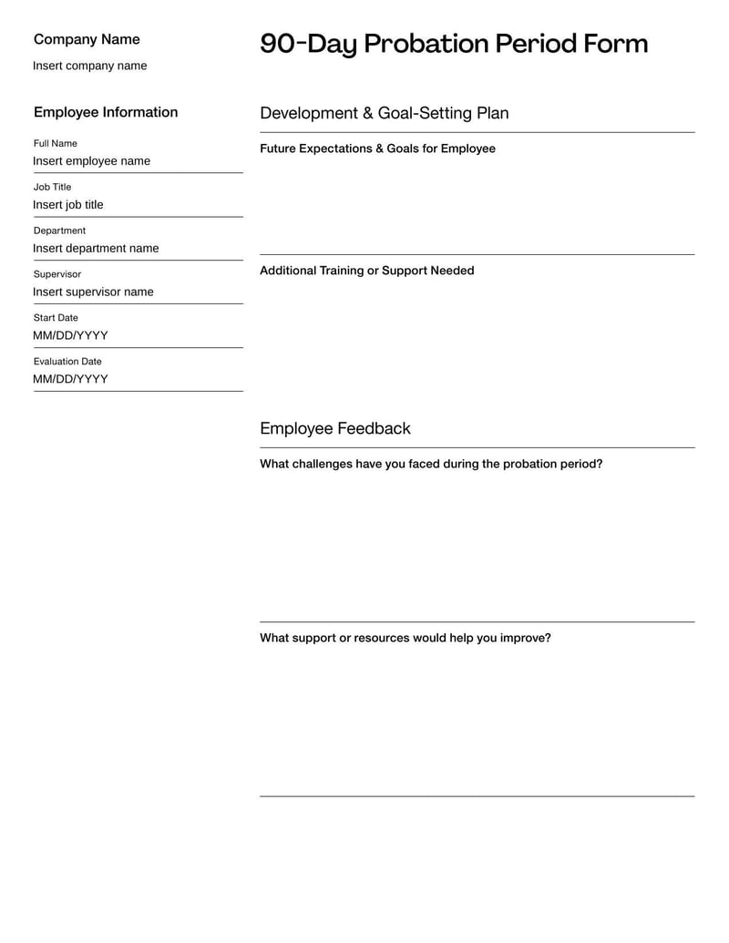 90 Day Probation Period evaluating new hires' performance and fit within the company