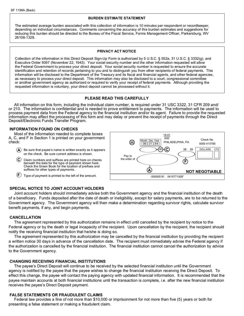 Large thumbnail of Standard Form 1199A - Direct Deposit Sign-Up Form - Nov 2020