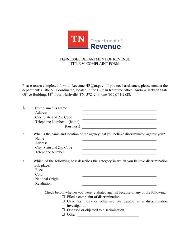 Large thumbnail of Tennessee Title VI Complaint Form