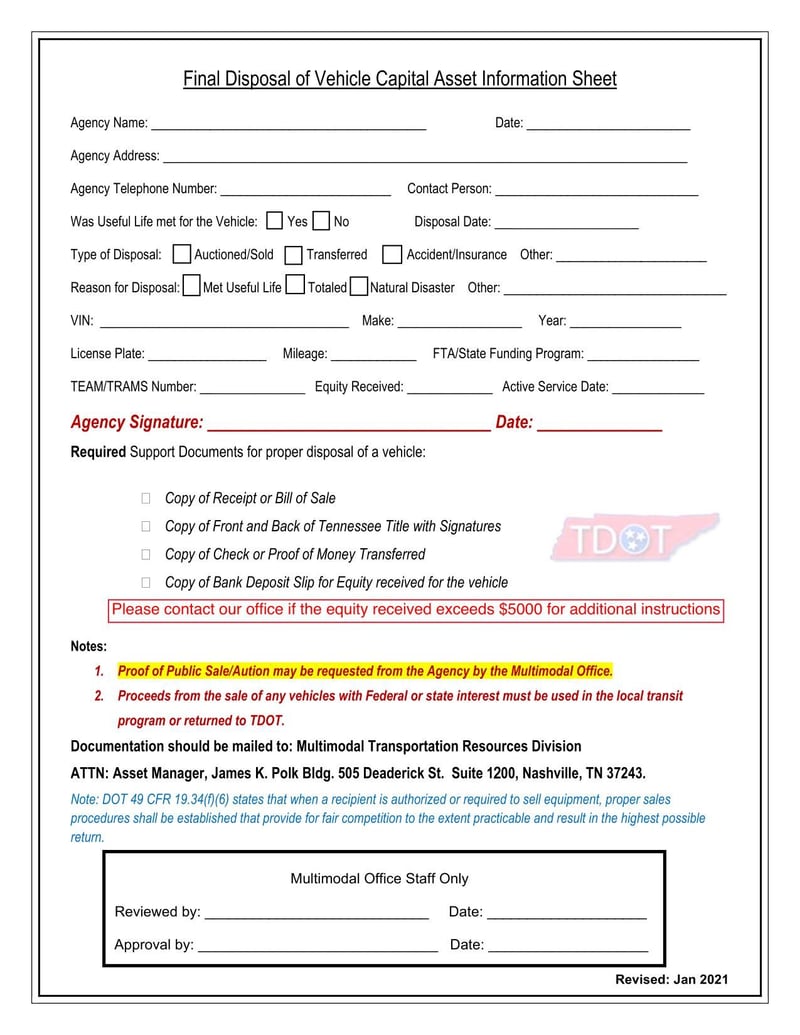 Large thumbnail of Tennessee Final Disposal of Vehicle Capital Asset Information Sheet (2021)