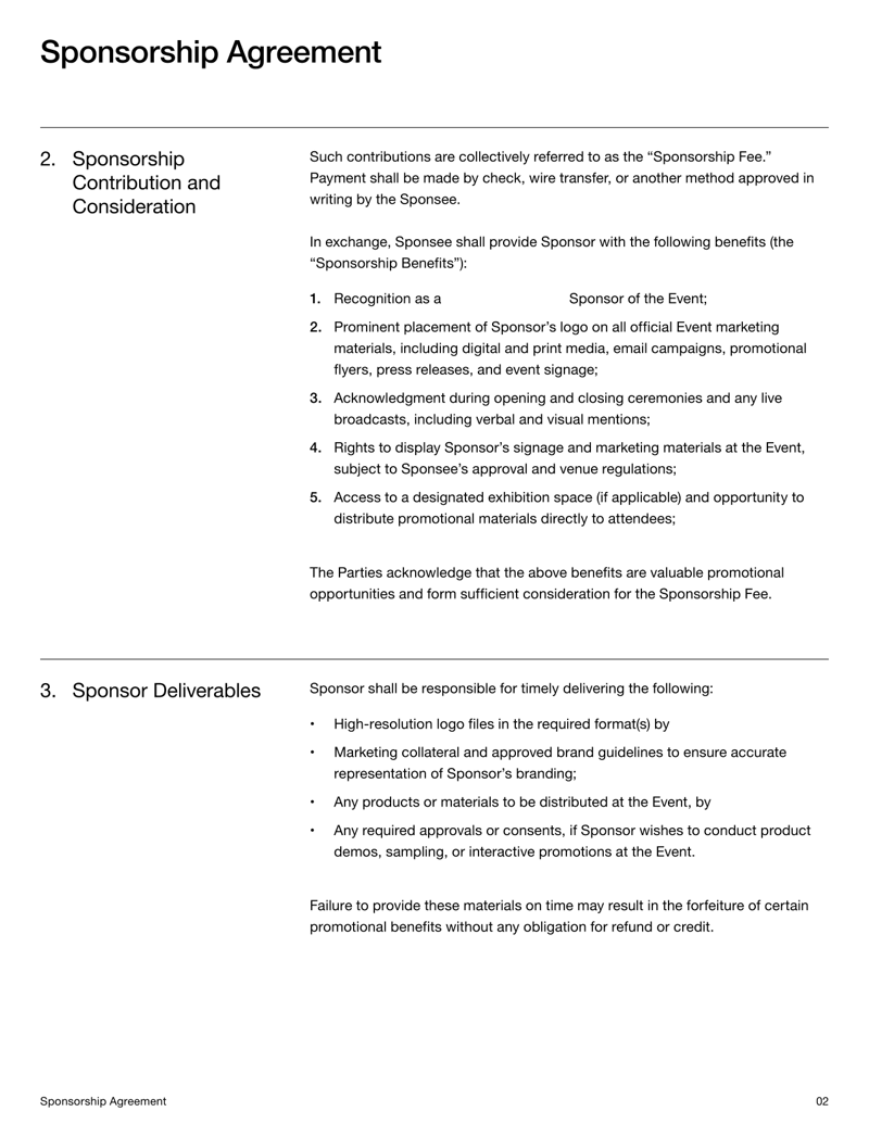 Sponsorship Agreement for defining sponsor contributions and event promotion terms