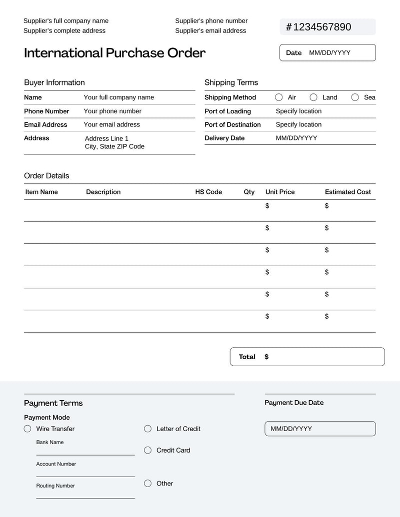 International Purchase Order Template for cross-border purchasing arrangements
