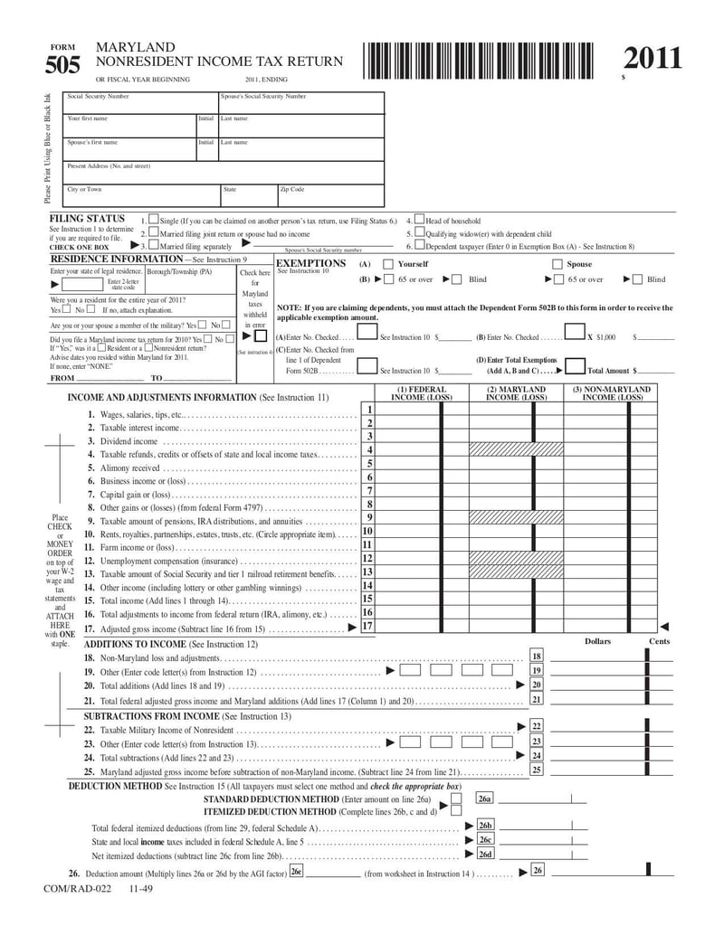 Large thumbnail of Maryland Tax Form 505 - Sep 2017