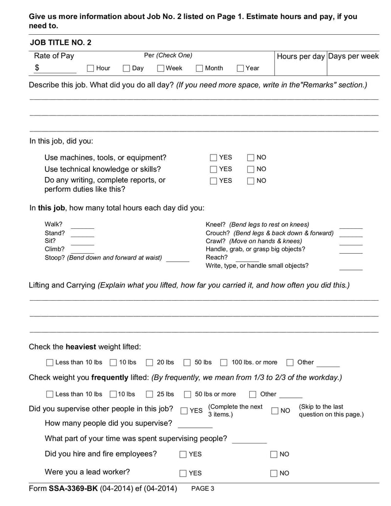 Large thumbnail of Work History Report (Form SSA-3369-BK) - Dec 2014