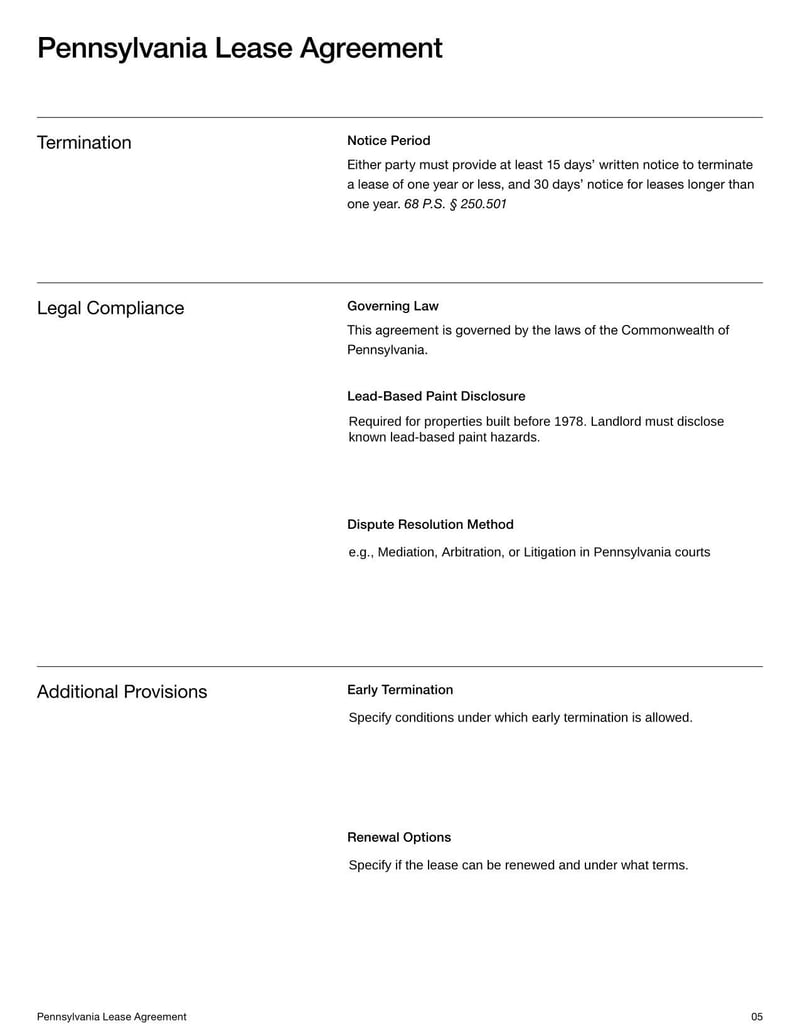 Pennsylvania Lease Agreement for rental terms in Pennsylvania