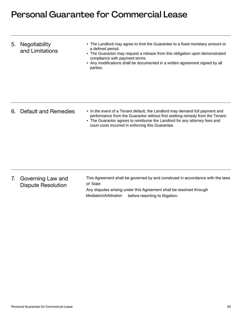 Personal Guarantee for Commercial Lease form outlining guarantor's financial responsibility