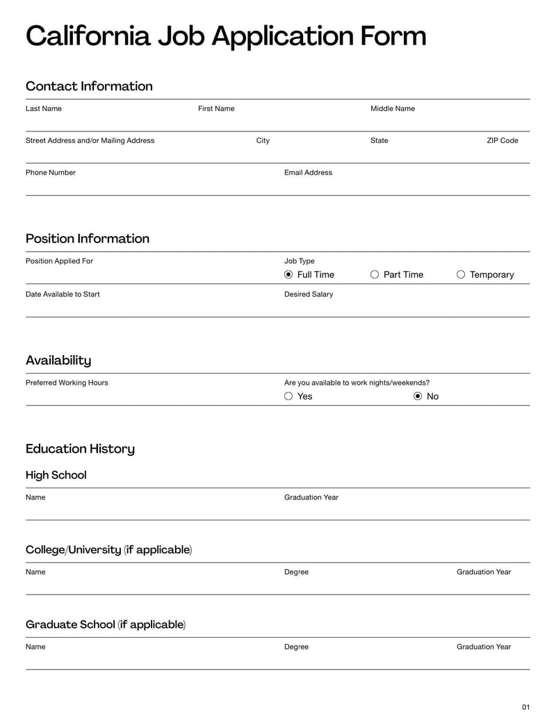 California Job Application Form for collecting applicant information for employment consideration