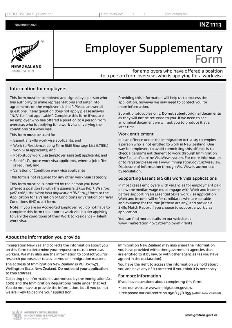 Large thumbnail of INZ 1113 Employer Supplementary Form - Jun 2022