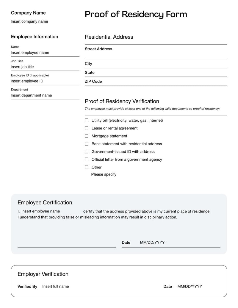Proof of Residency Form used to verify a person’s current address for official records