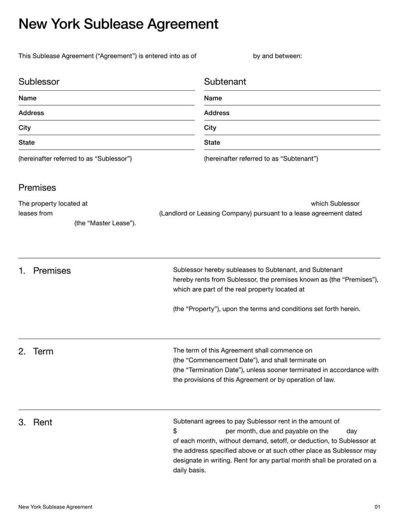 New York Sublease Agreement for subletting a rental unit in New York legally
