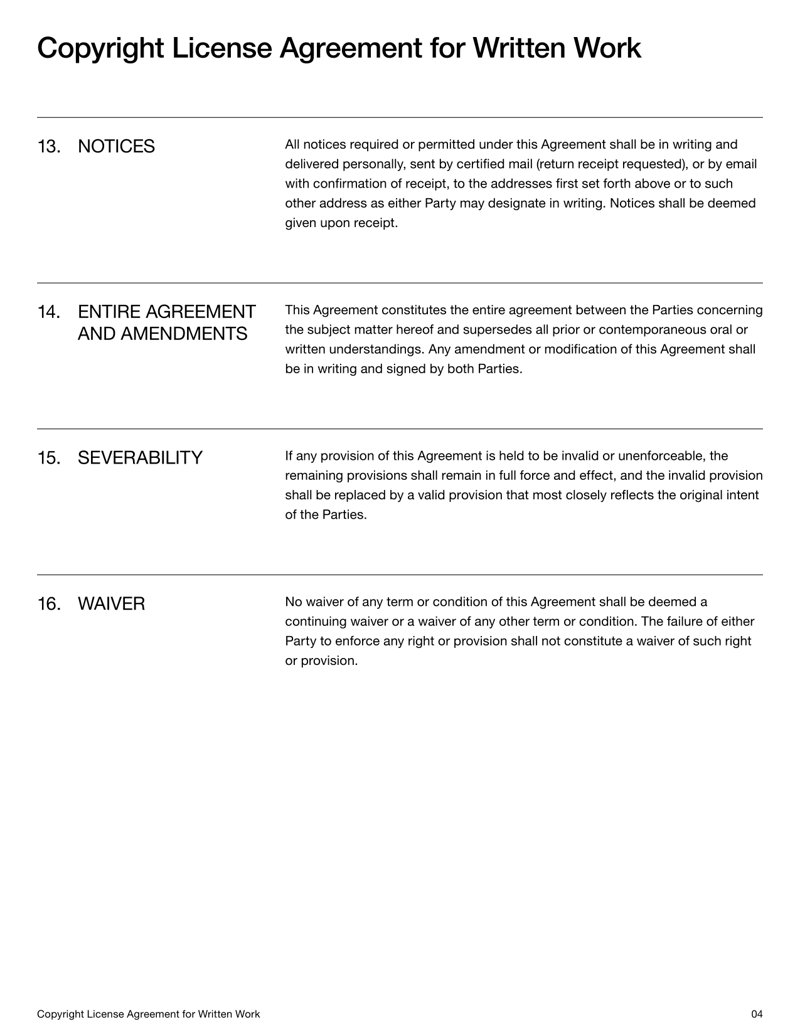Copyright License Agreement for Written Work specifying usage rights, royalties and ownership terms