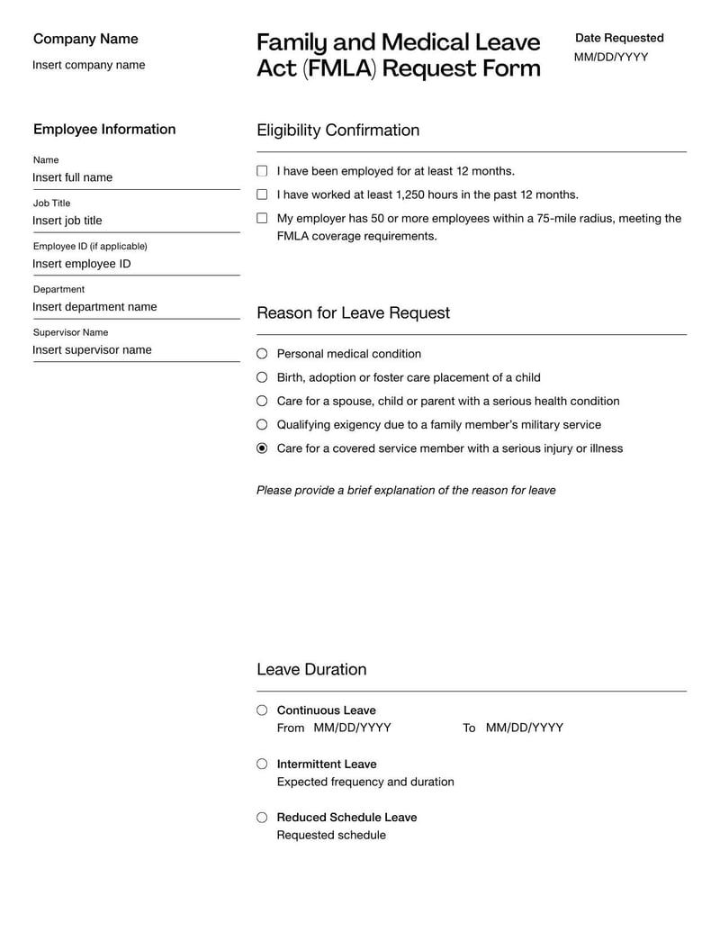 FMLA Request Form for submitting a formal leave request under the Family and Medical Leave Act
