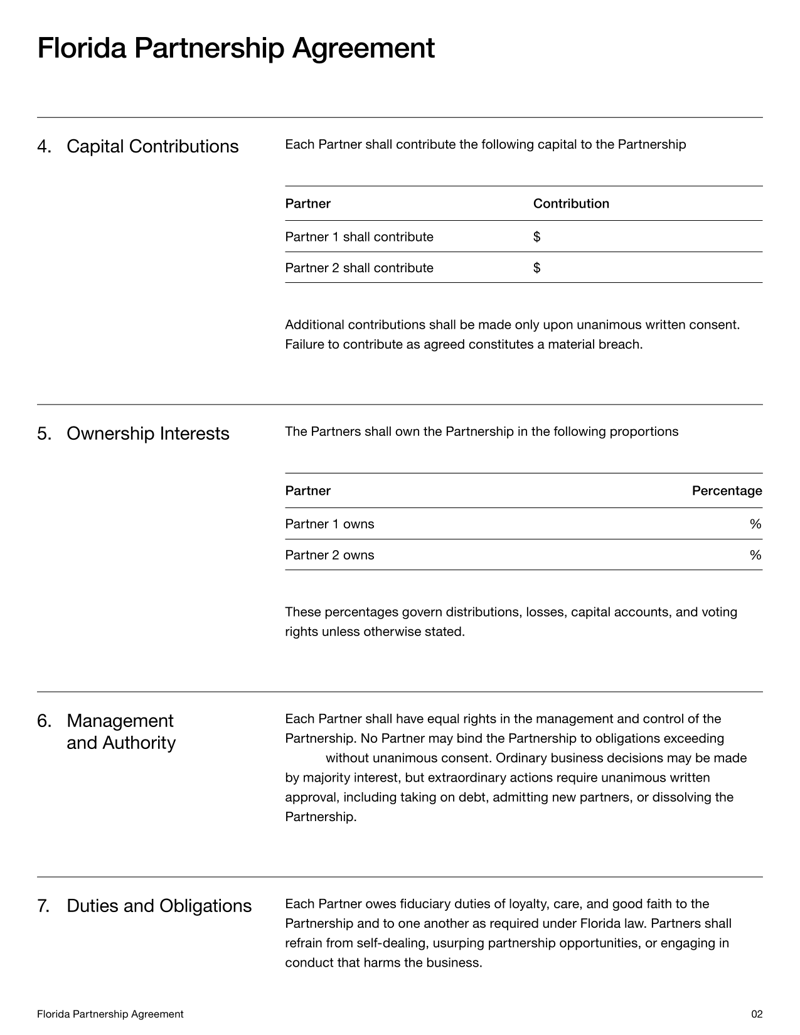 Partnership Agreement for Florida defining formation, partner duties, ownership interests and dispute resolution under Florida law