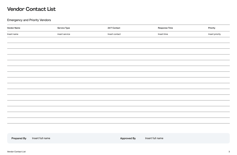 Vendor Contact List Template with sections for vendor directory, emergency contacts and company details