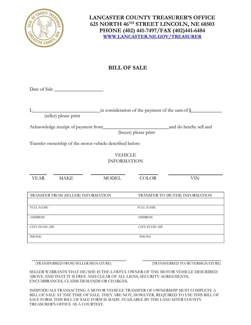 Large thumbnail of Lancaster County Motor Vehicle Bill of Sale