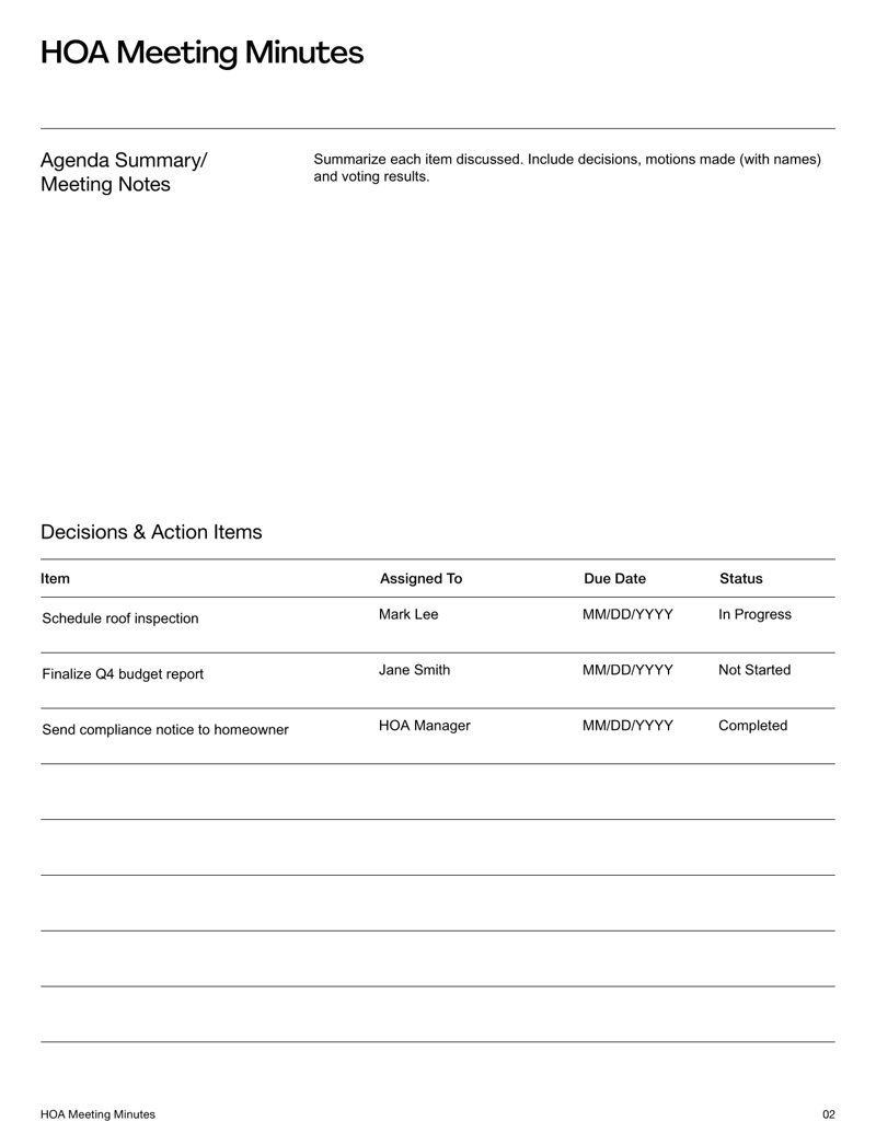 HOA Meeting Minutes Template with sections for meeting date, attendees, motions and action items