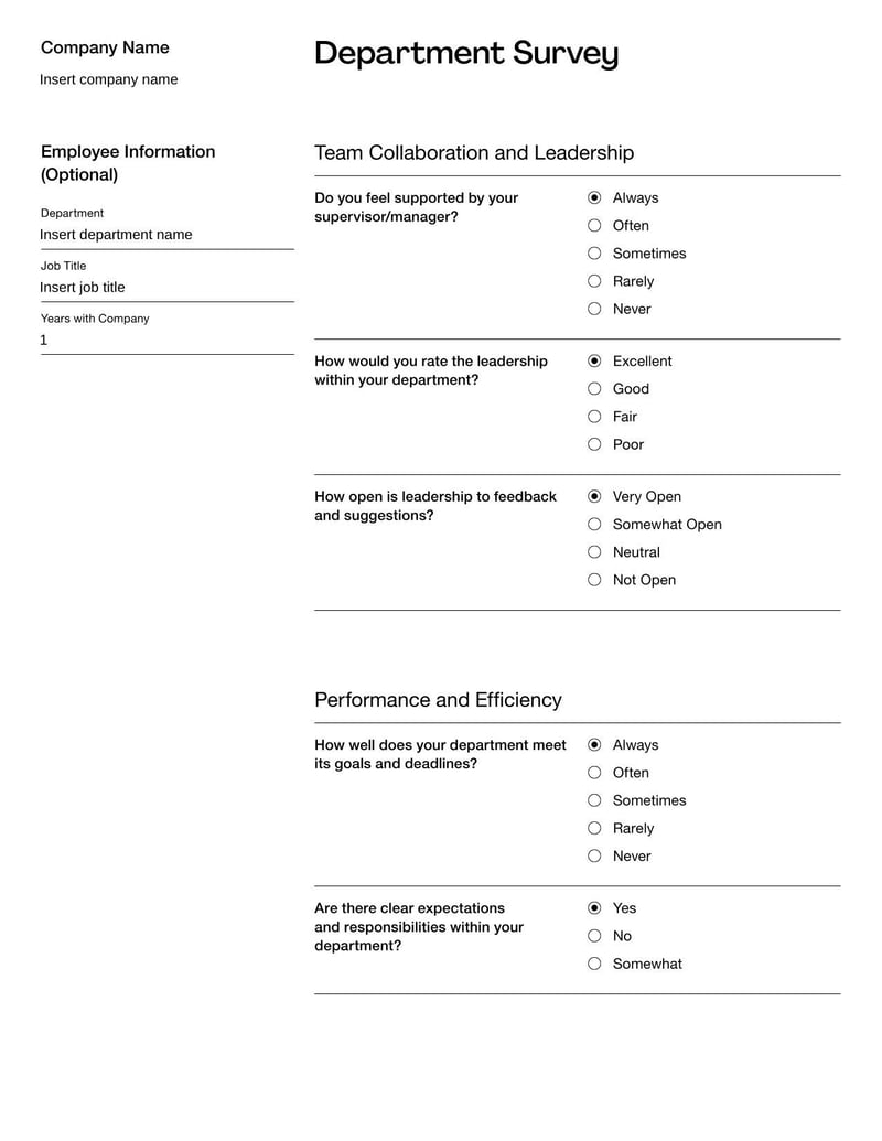 Survey for Department Template designed to assess departmental performance and gather feedback on team dynamics