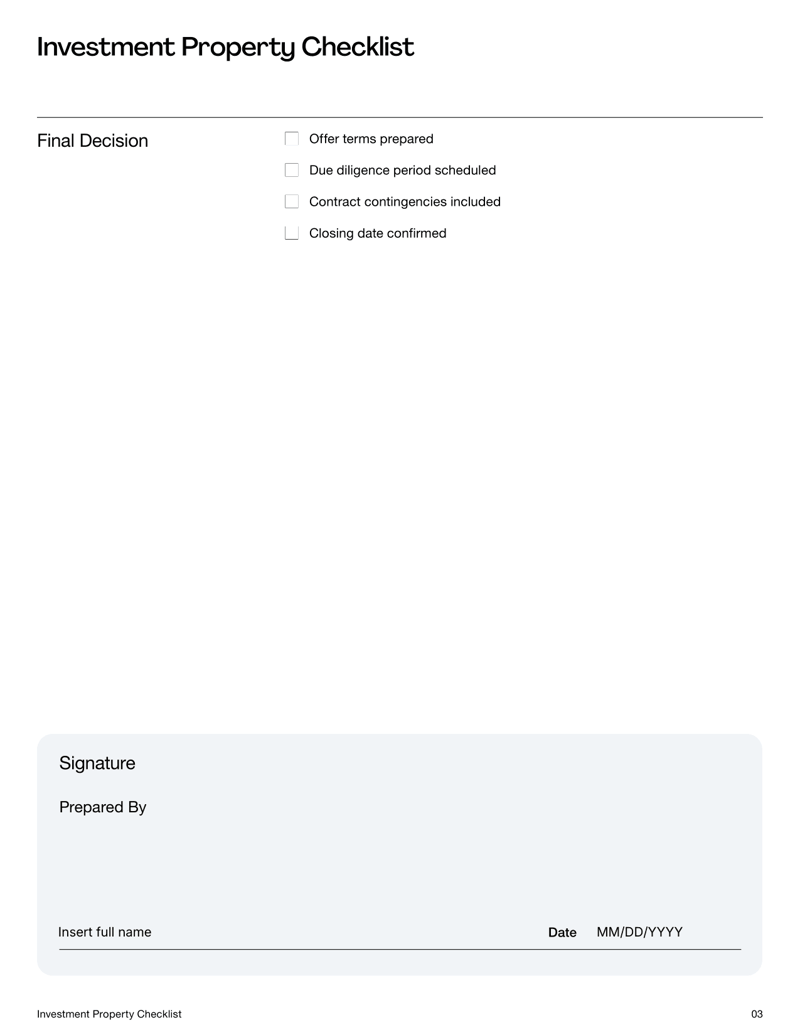 Investment Property Checklist covering financial, physical, market and legal items for property evaluation