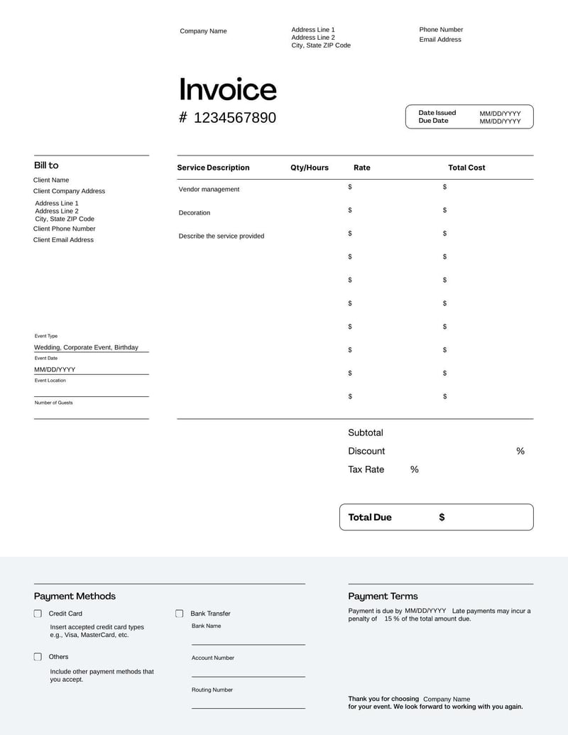 Commercial Invoice Template for Event Planners for outlining event-related service charges, rentals, and coordination fees