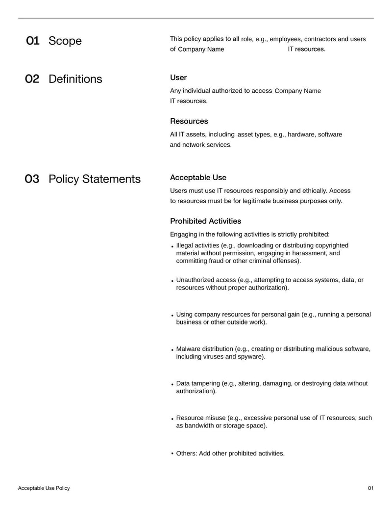 Acceptable Use Policy Document defining proper use of company technology, internet, and devices