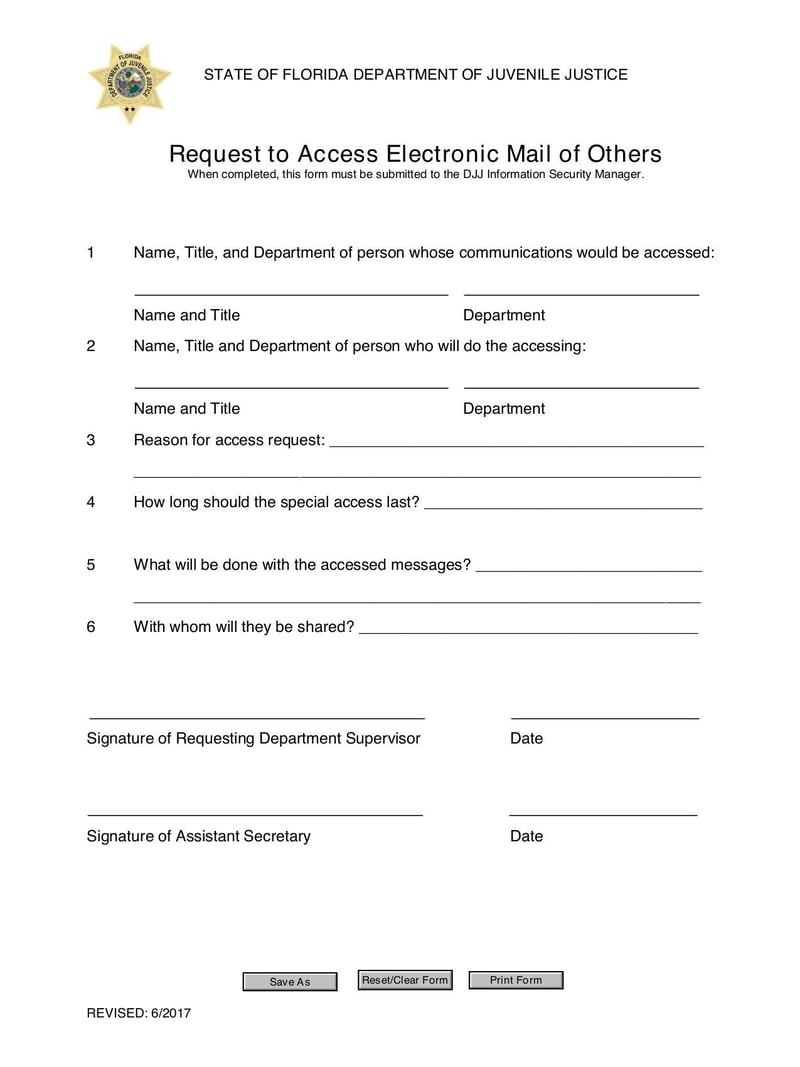 Large thumbnail of Form FDJJ 1220 Request to Access Electronic Mail of Others - Jun 2017