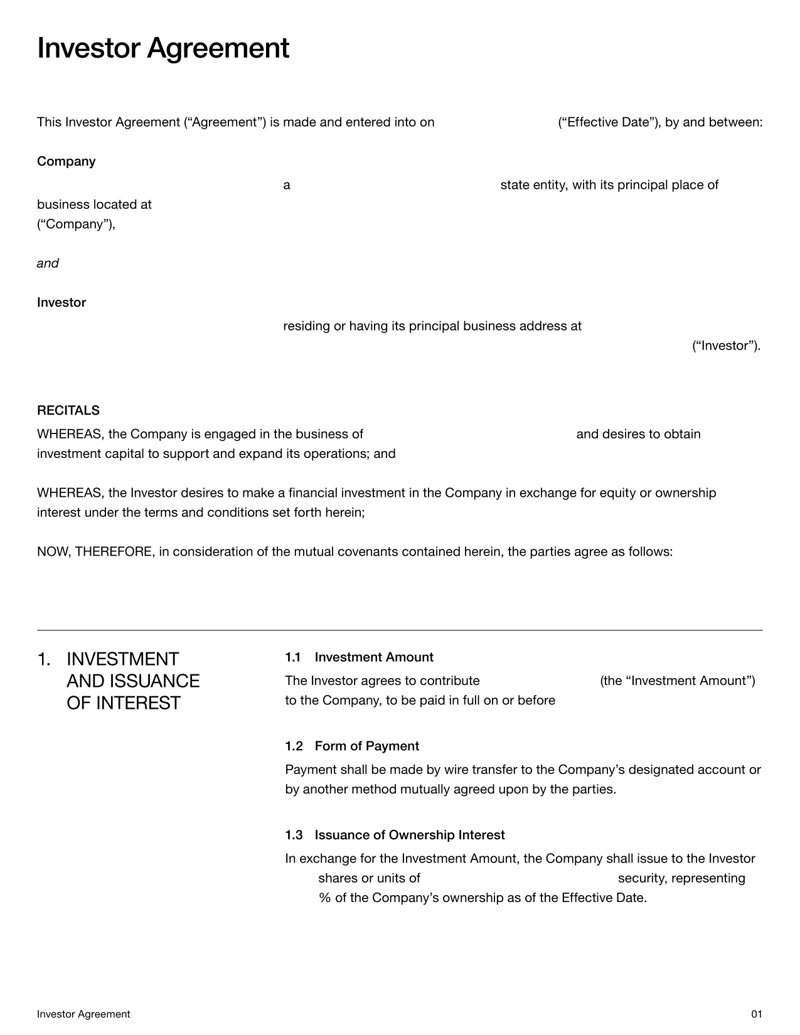 Investor Agreement template detailing investment terms, ownership rights and share transfer conditions