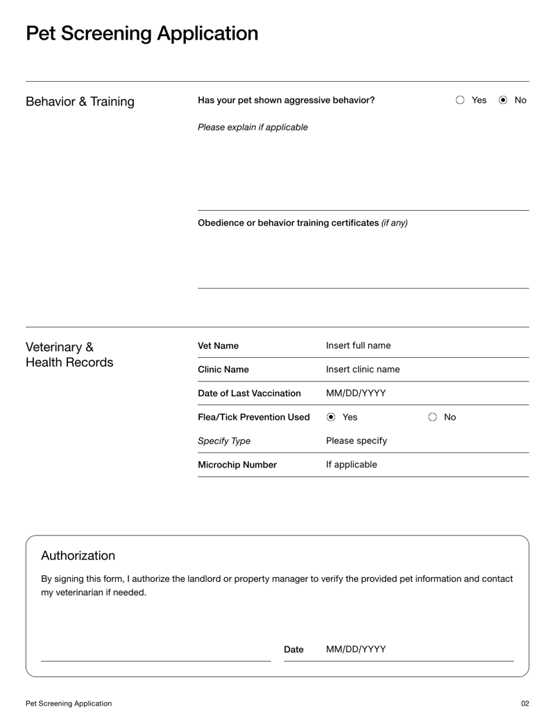 Pet Screening Application form with sections for pet details, behavior history, health records and owner authorization