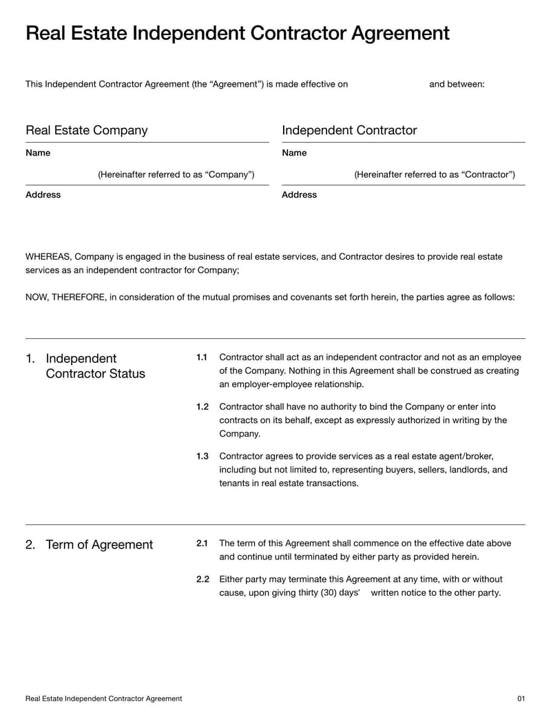 Real Estate Independent Contractor Agreement outlining terms between a broker and a self-employed sales associate