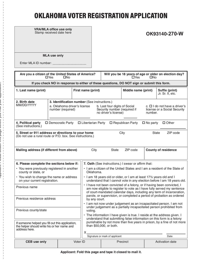 Large thumbnail of Oklahoma Voter Registration Application - Dec 2020