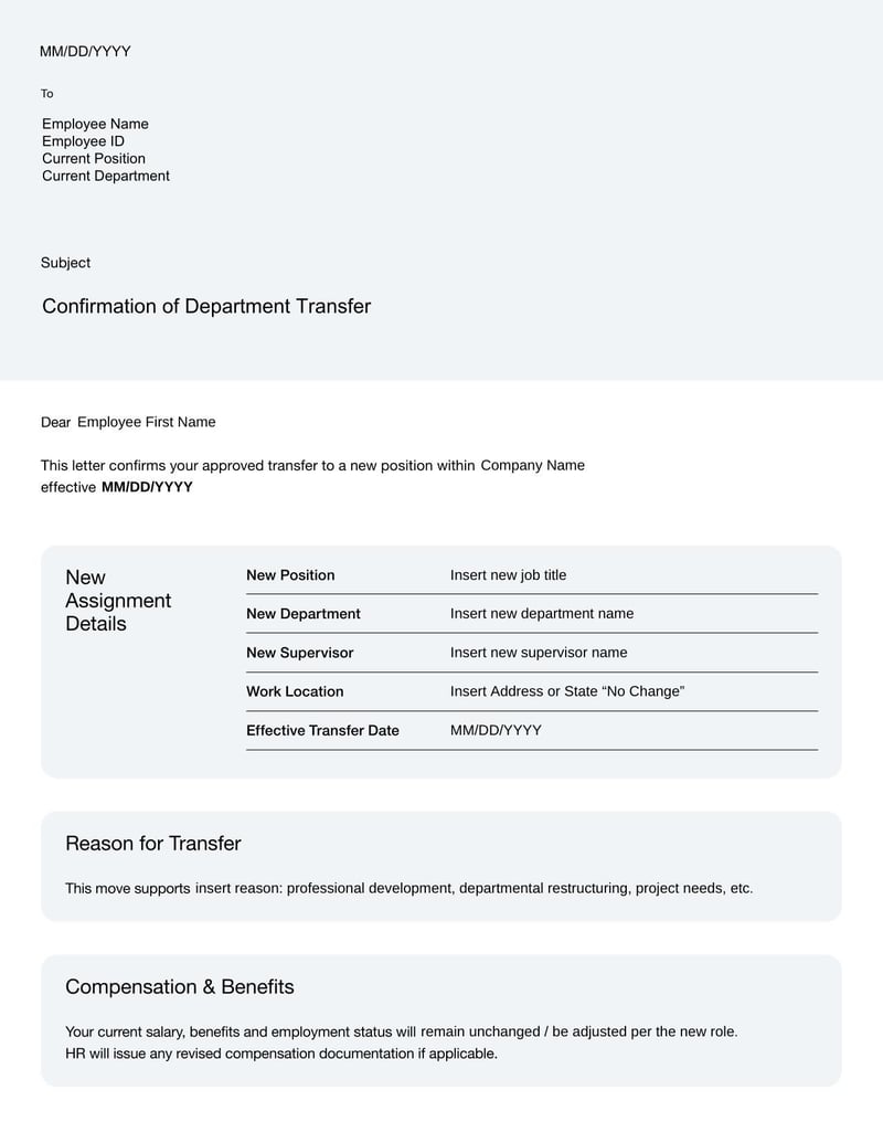 Internal Letter Transfer to Another Department for requesting a move to a different team within the same company