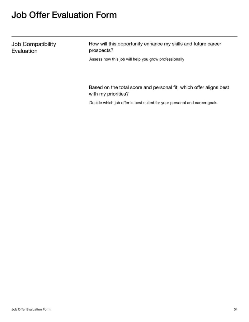 Job Offer Evaluation Form to compare multiple job opportunities