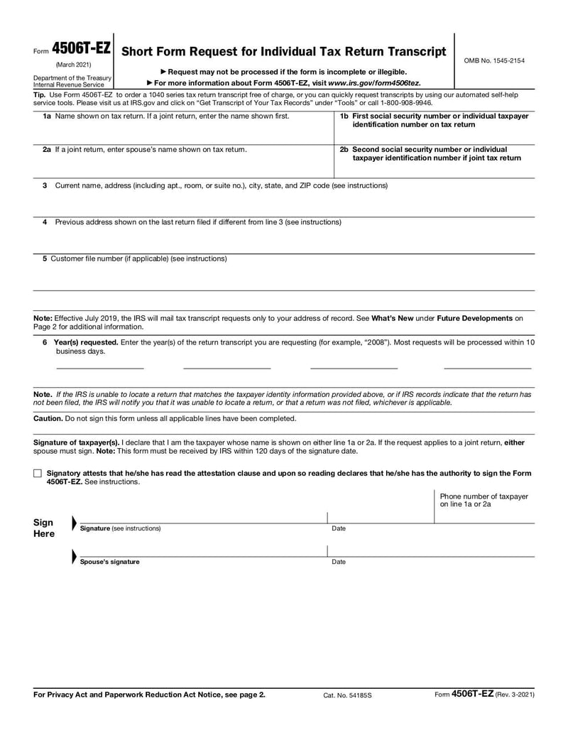 Large thumbnail of Form 4506T-EZ - Mar 2021
