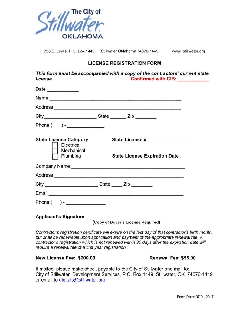 Large thumbnail of City of Stillwater License Registration Form