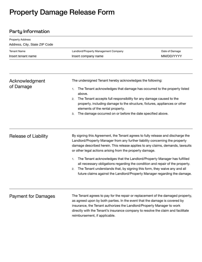 Property Damage Release Form for releasing claims over rental damage
