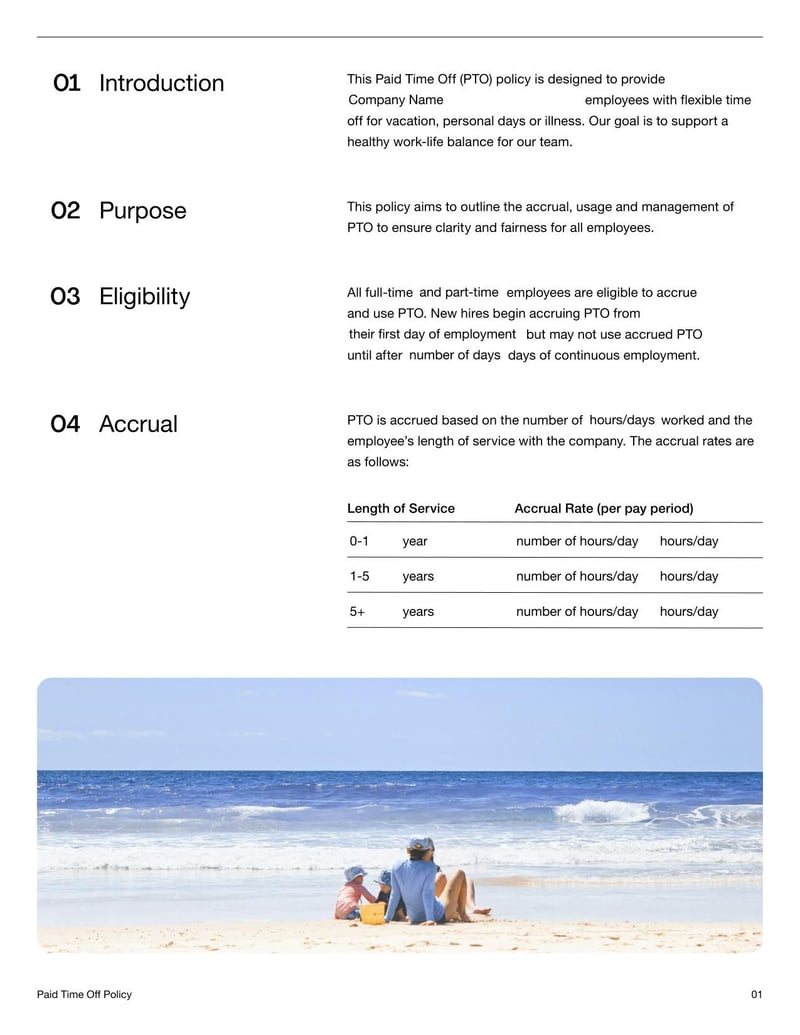 Paid Time Off Policy Document outlining vacation, sick leave, and personal time guidelines