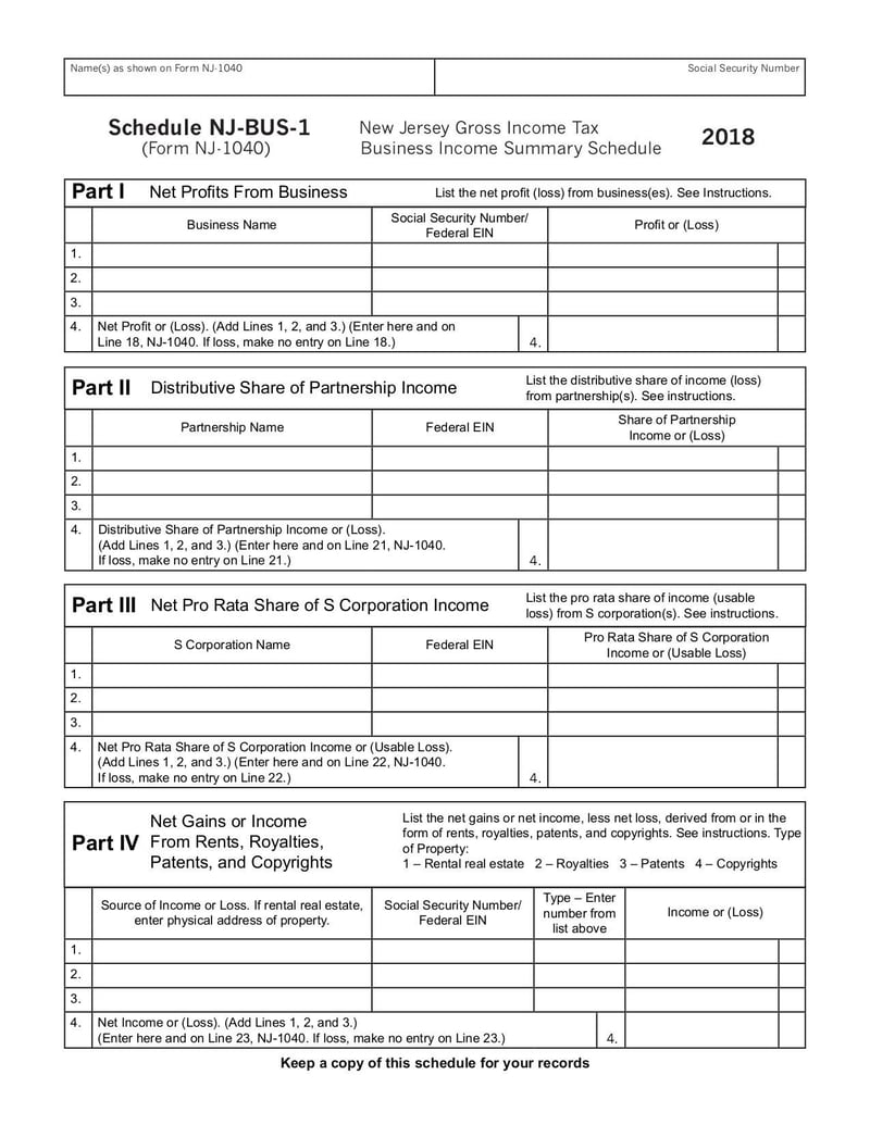 Large thumbnail of Schedule NJ-BUS-1 (Form NJ-1040) - Jan 2019